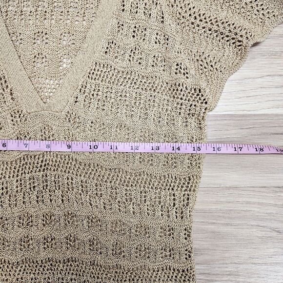 Ann Taylor LOFT Womens Tan Open Crochet V-neckline Blouse Flutter Sleeves Small - Picture 6 of 8